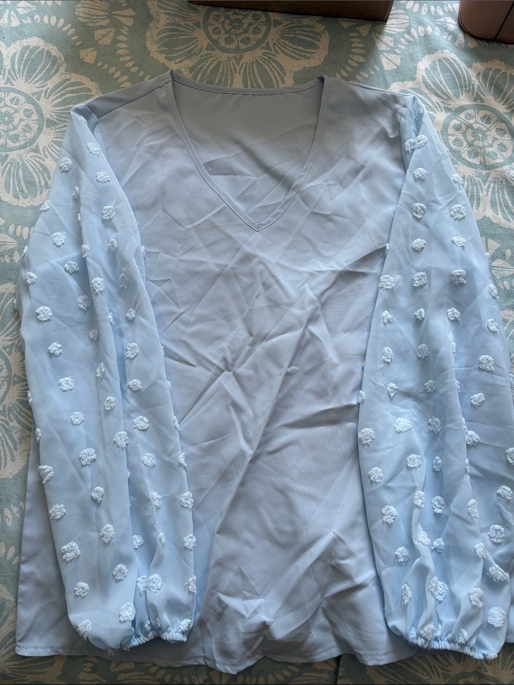 SHEIN Light Blue V-Neck Blouse with Textured Puff Sleeves